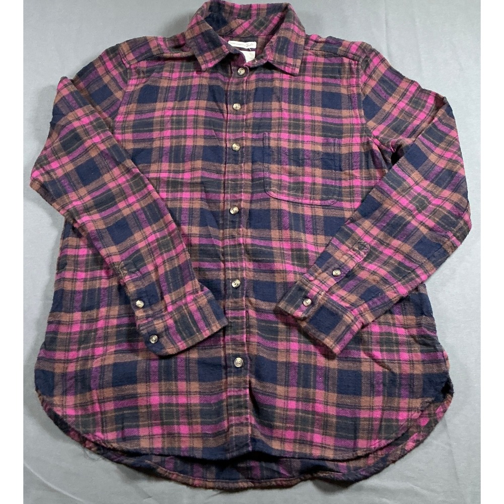 American Eagle Boyfriend Fit Flannel Shirt Pink Navy Plaid Small 1342-8404